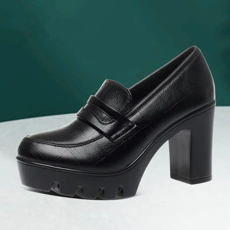 Middle-aged and elderly cheongsam model catwalk shoes waterproof platform 8cm large thick heel high heel women's shoes thick bottom soft leather round toe single-layer shoes — feature 5