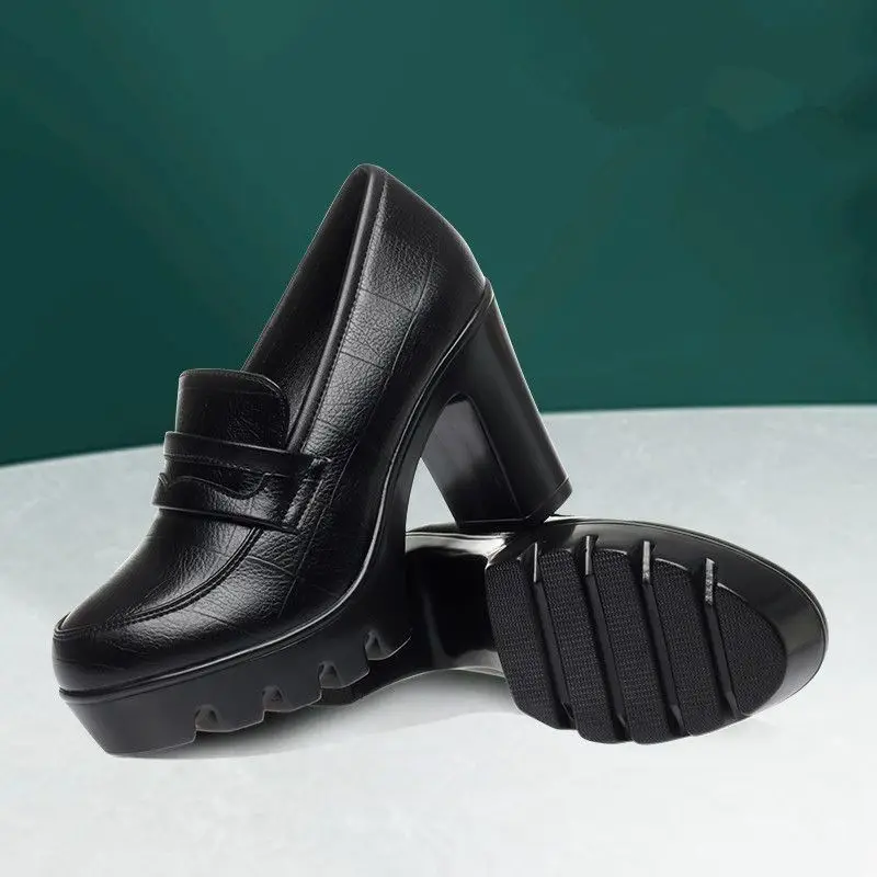 Middle-aged and elderly cheongsam model catwalk shoes waterproof platform 8cm large thick heel high heel women's shoes thick bottom soft leather round toe single-layer shoes — feature 6