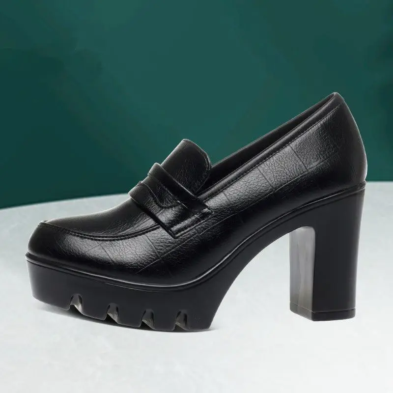 Middle-aged and elderly cheongsam model catwalk shoes waterproof platform 8cm large thick heel high heel women's shoes thick bottom soft leather round toe single-layer shoes — feature 7