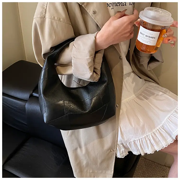 Black Leather Shoulder Bag Large Capacity Lazy Style — feature 19