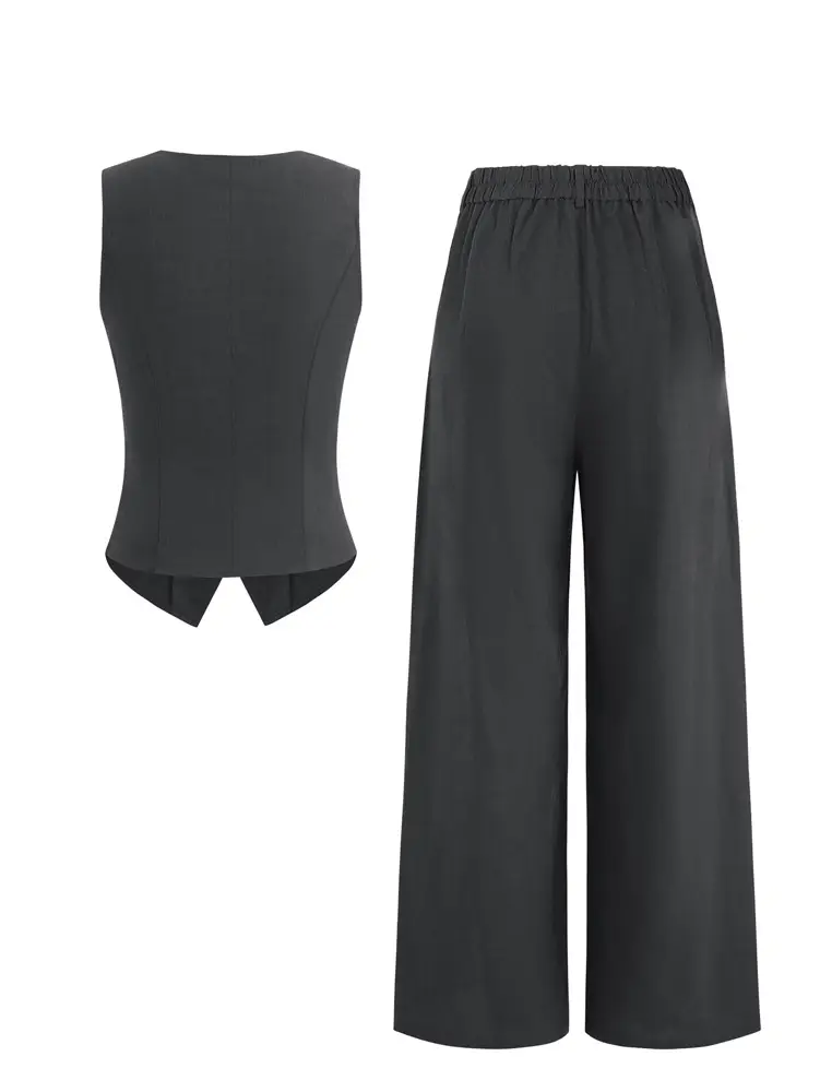 Women V-neck Button Vest & Wide Leg Pants Set Black - Image 3