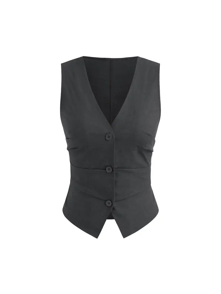 Women V-neck Button Vest & Wide Leg Pants Set Black - Image 6
