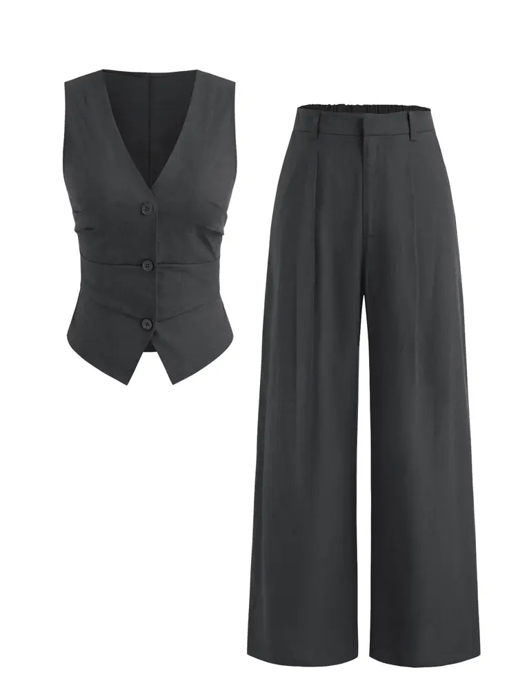 Women V-neck Button Vest & Wide Leg Pants Set Black — feature 4