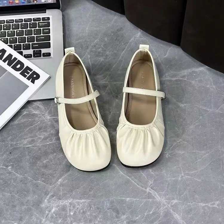 silver Mary Jane Deep Mouth Milk Shoes Flat Heel Cyber Red Pleated New 2025 Spring New Small Leather Shoes Women's All-match - Image 7