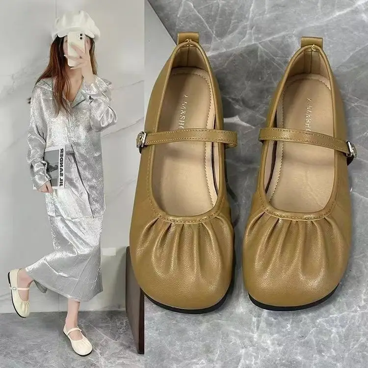 silver Mary Jane Deep Mouth Milk Shoes Flat Heel Cyber Red Pleated New 2025 Spring New Small Leather Shoes Women's All-match — feature 1