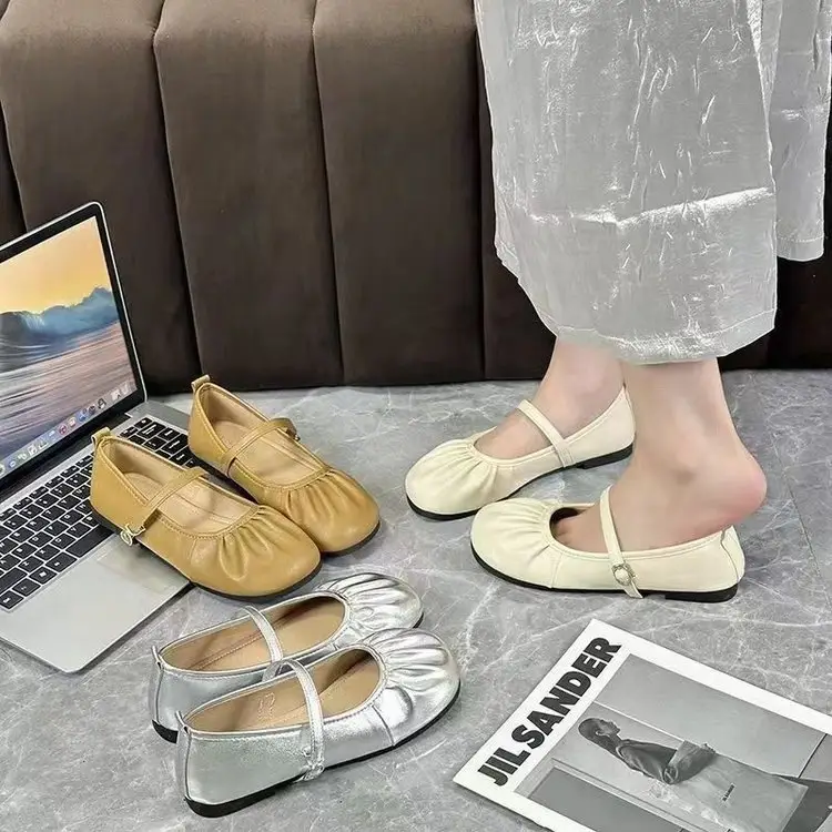 silver Mary Jane Deep Mouth Milk Shoes Flat Heel Cyber Red Pleated New 2025 Spring New Small Leather Shoes Women's All-match — feature 2