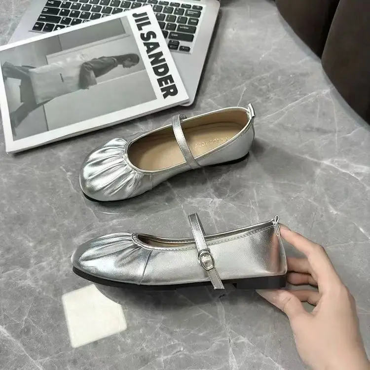 silver Mary Jane Deep Mouth Milk Shoes Flat Heel Cyber Red Pleated New 2025 Spring New Small Leather Shoes Women's All-match — feature 4