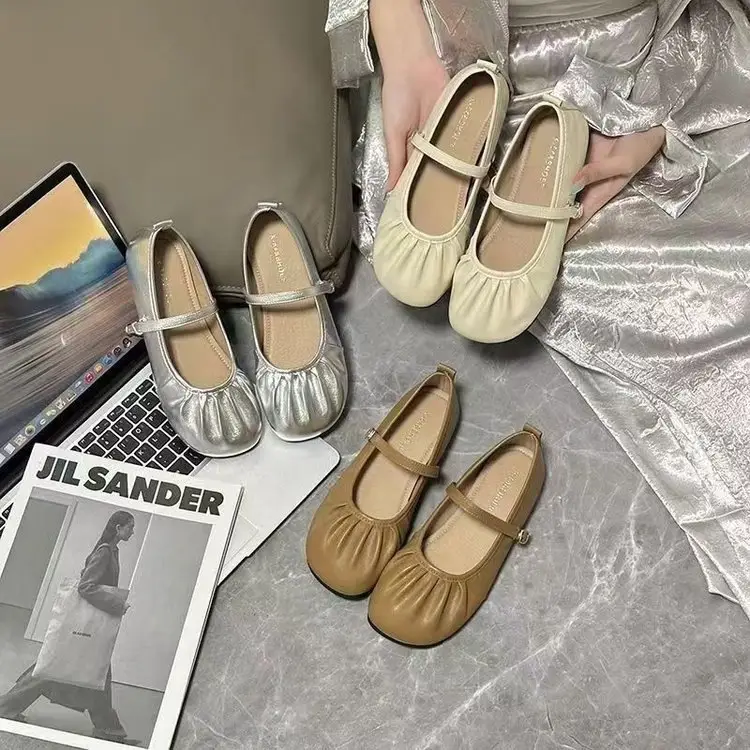silver Mary Jane Deep Mouth Milk Shoes Flat Heel Cyber Red Pleated New 2025 Spring New Small Leather Shoes Women's All-match — feature 6