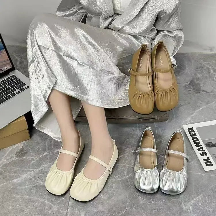 silver Mary Jane Deep Mouth Milk Shoes Flat Heel Cyber Red Pleated New 2025 Spring New Small Leather Shoes Women's All-match — feature 7