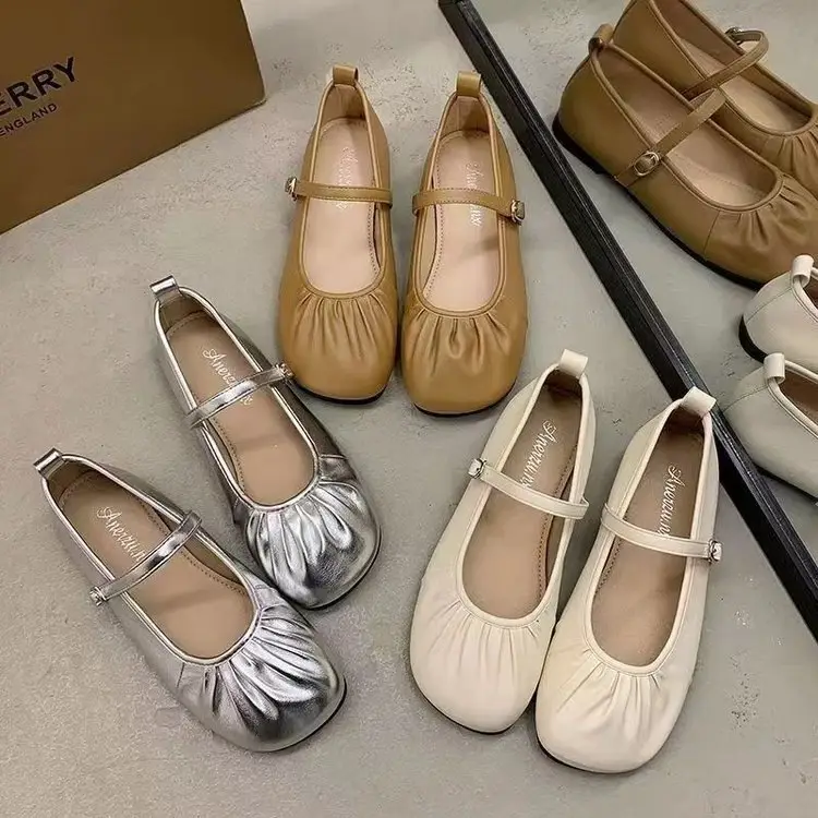 silver Mary Jane Deep Mouth Milk Shoes Flat Heel Cyber Red Pleated New 2025 Spring New Small Leather Shoes Women's All-match — feature 8
