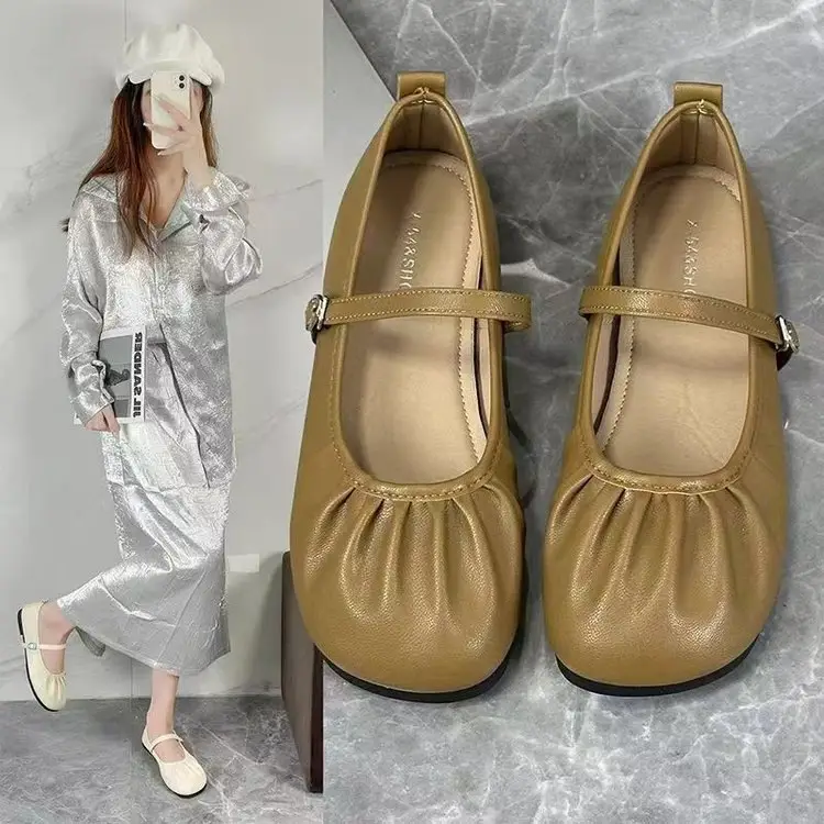 silver Mary Jane Deep Mouth Milk Shoes Flat Heel Cyber Red Pleated New 2025 Spring New Small Leather Shoes Women's All-match - Image 2