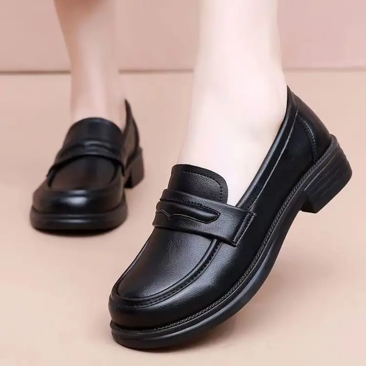 Black Leather Slip-on Loafers for Women, Non-Slip Flat, Soft Bottom - Image 5