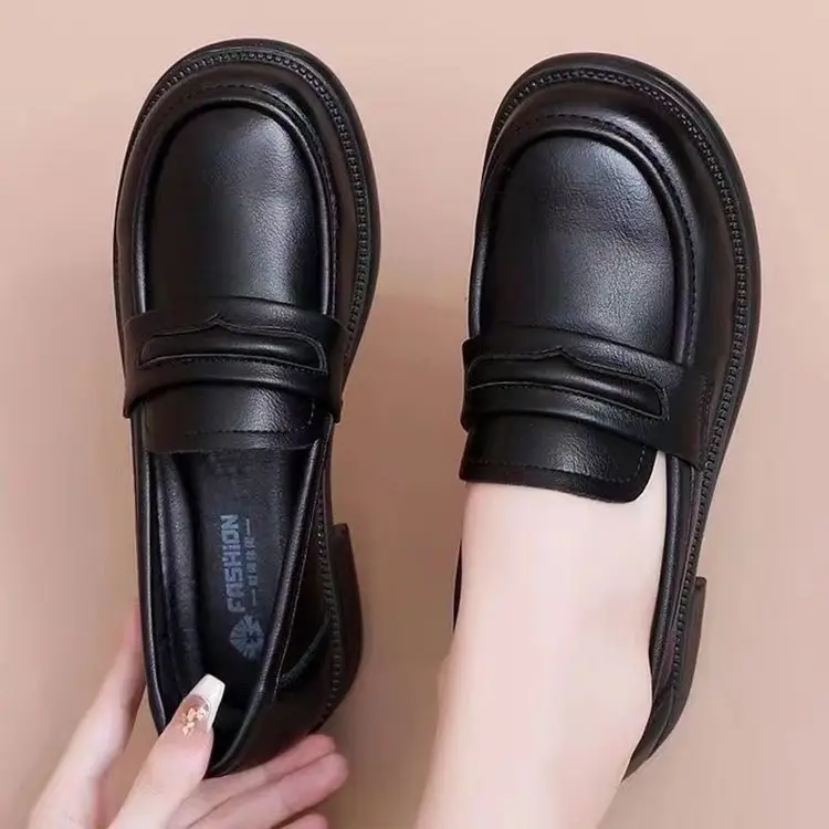 Black Leather Slip-on Loafers for Women, Non-Slip Flat, Soft Bottom — feature 3
