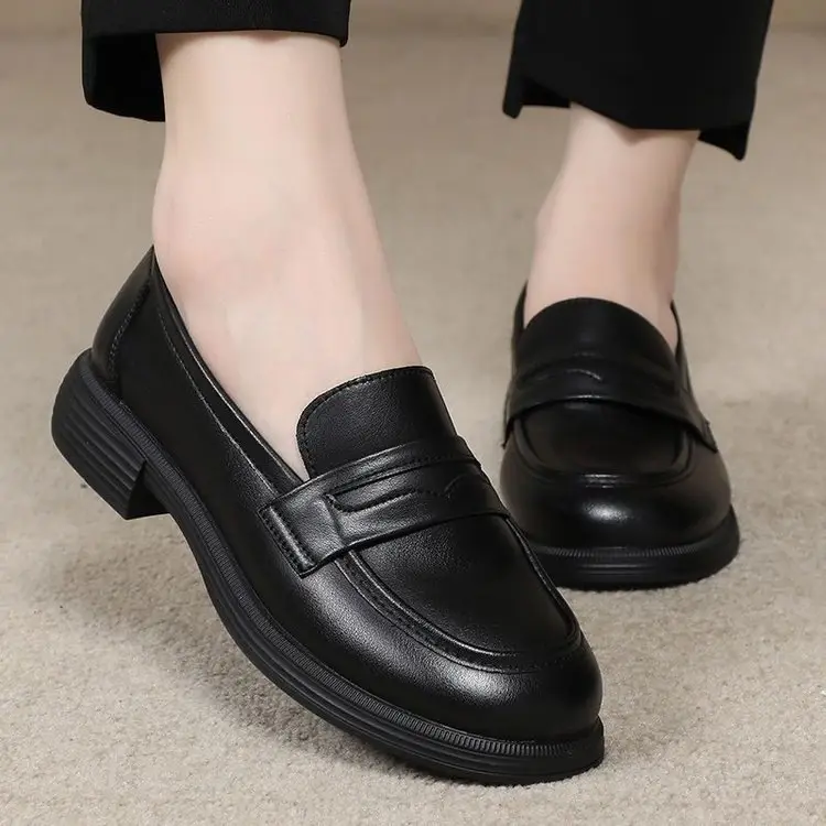 Black Leather Slip-on Loafers for Women, Non-Slip Flat, Soft Bottom — feature 6