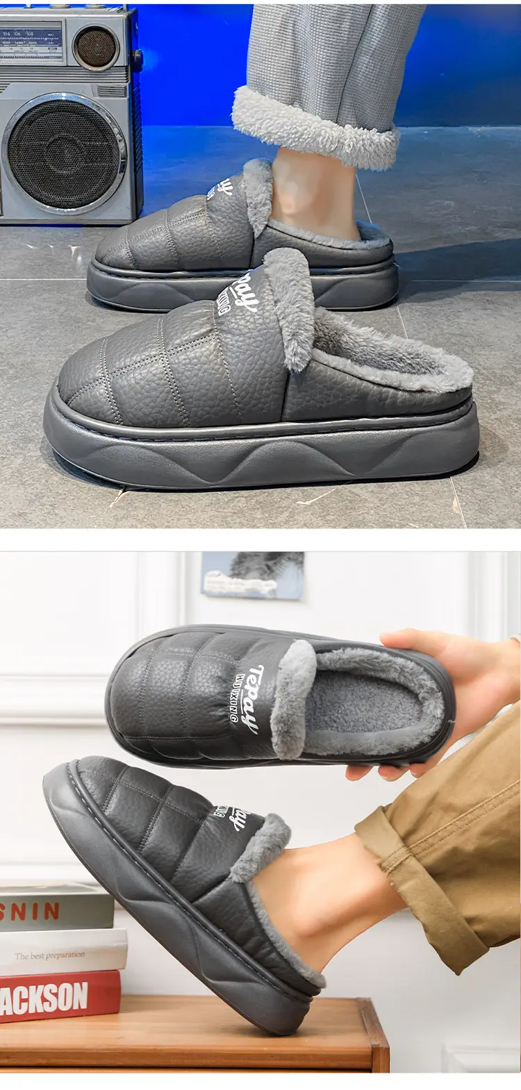 Cotton Slippers Men's Winter New Home Room Thickened Warm Men's Casual Half Pack Waterproof Wear-resistant Cotton Shoes — feature 15