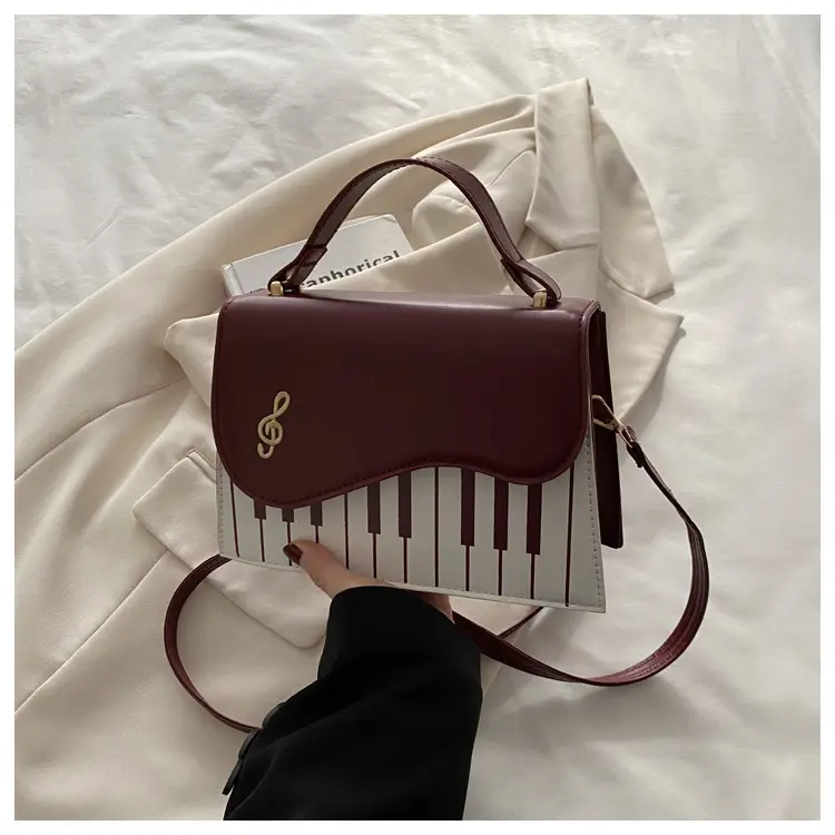 Women's Embroidered Piano Bag Brown Leather Shoulder Crossbody - Image 2