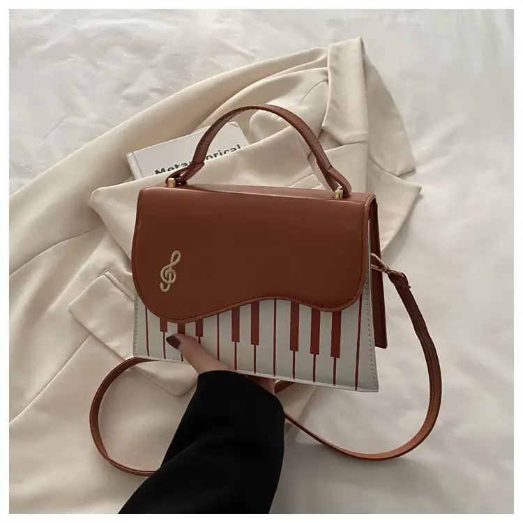 Women's Embroidered Piano Bag Brown Leather Shoulder Crossbody - Image 3