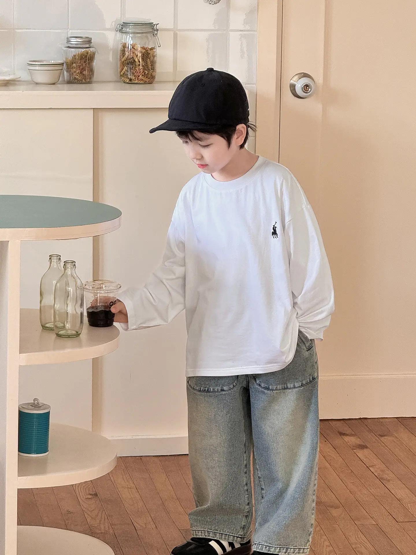 Tongku 2026 Boys T-Shirt Striped Round Neck Embroidered