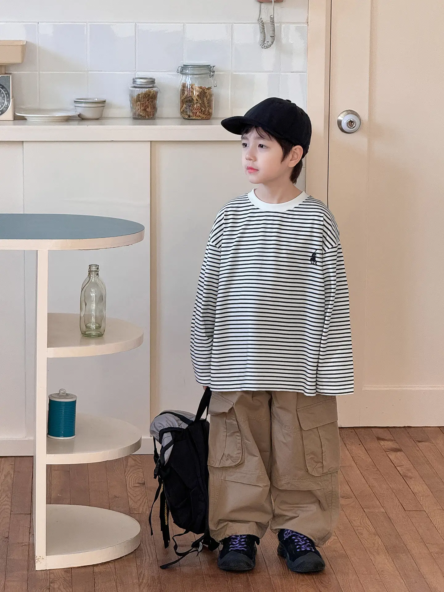 Tongku 2026 Boys T-Shirt Striped Round Neck Embroidered