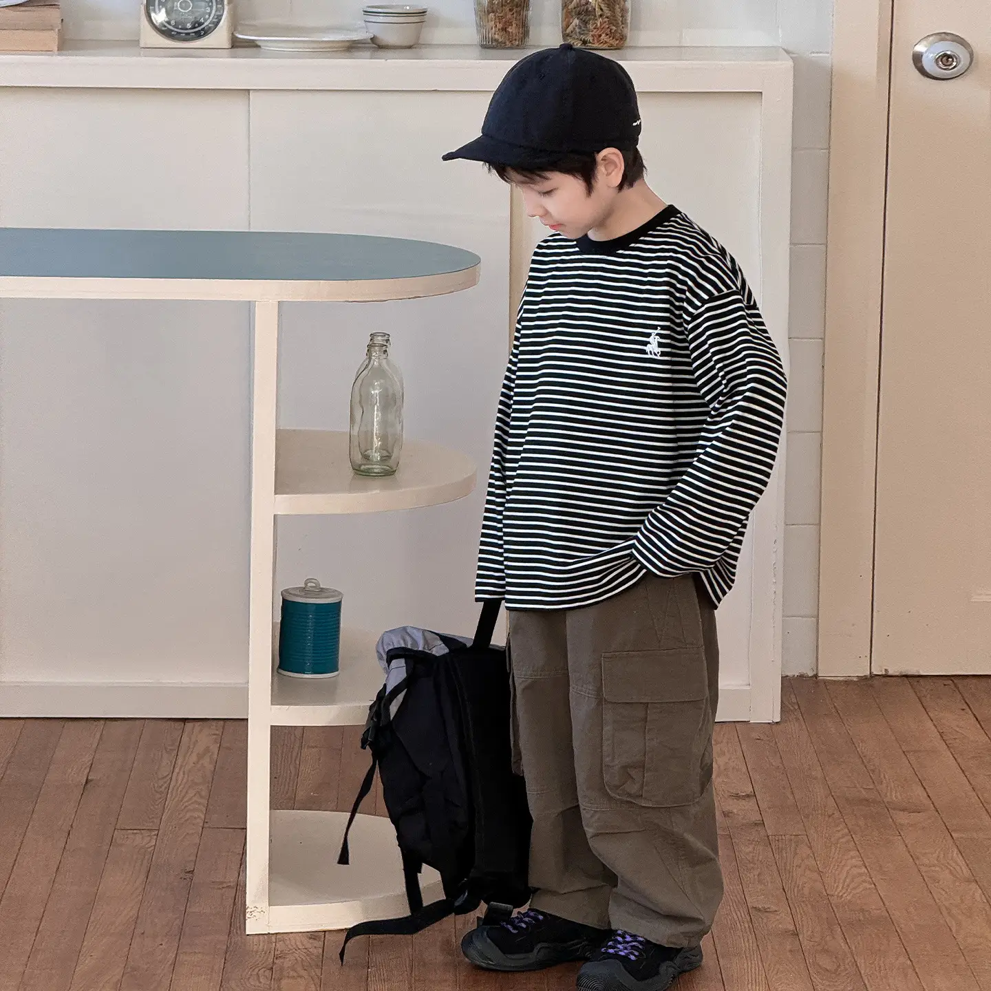 Tongku 2026 Boys T-Shirt Striped Round Neck Embroidered