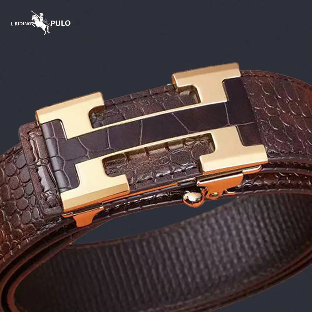 Men's Brown Croc Belt with Gold Buckle Business Wear - Image 6