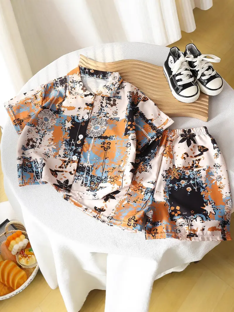 Children's Floral Silk Summer Suit Brown
