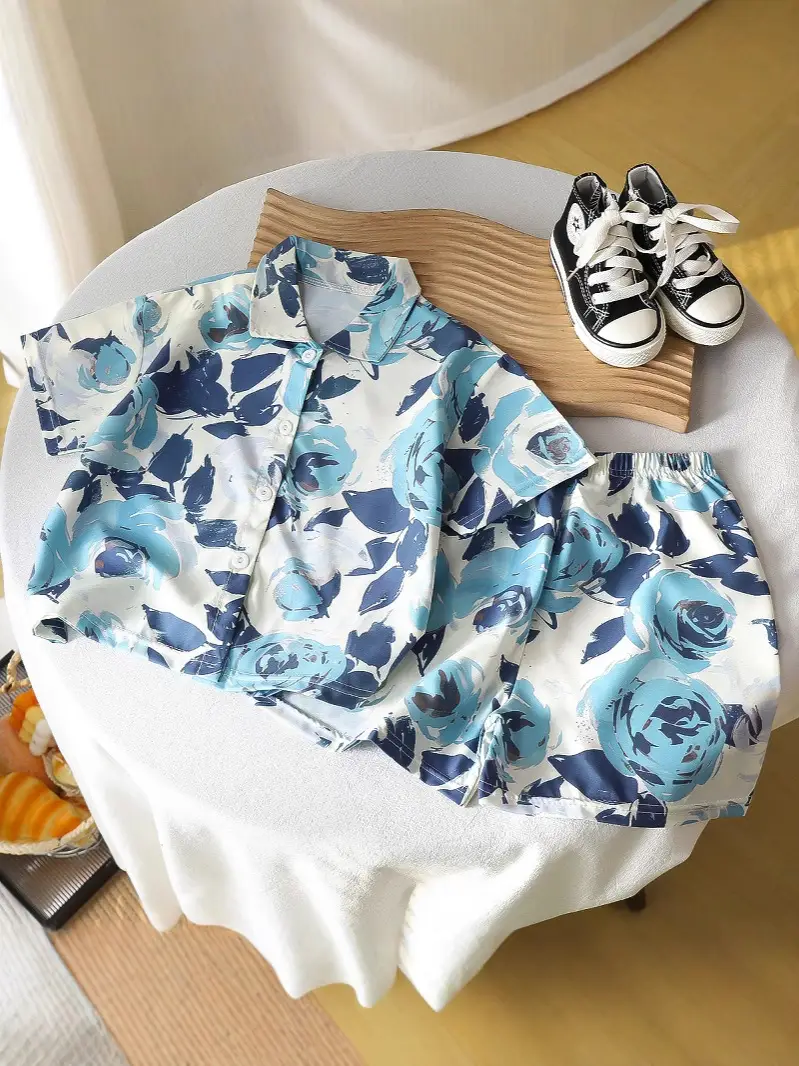 Children's Floral Silk Summer Suit Brown