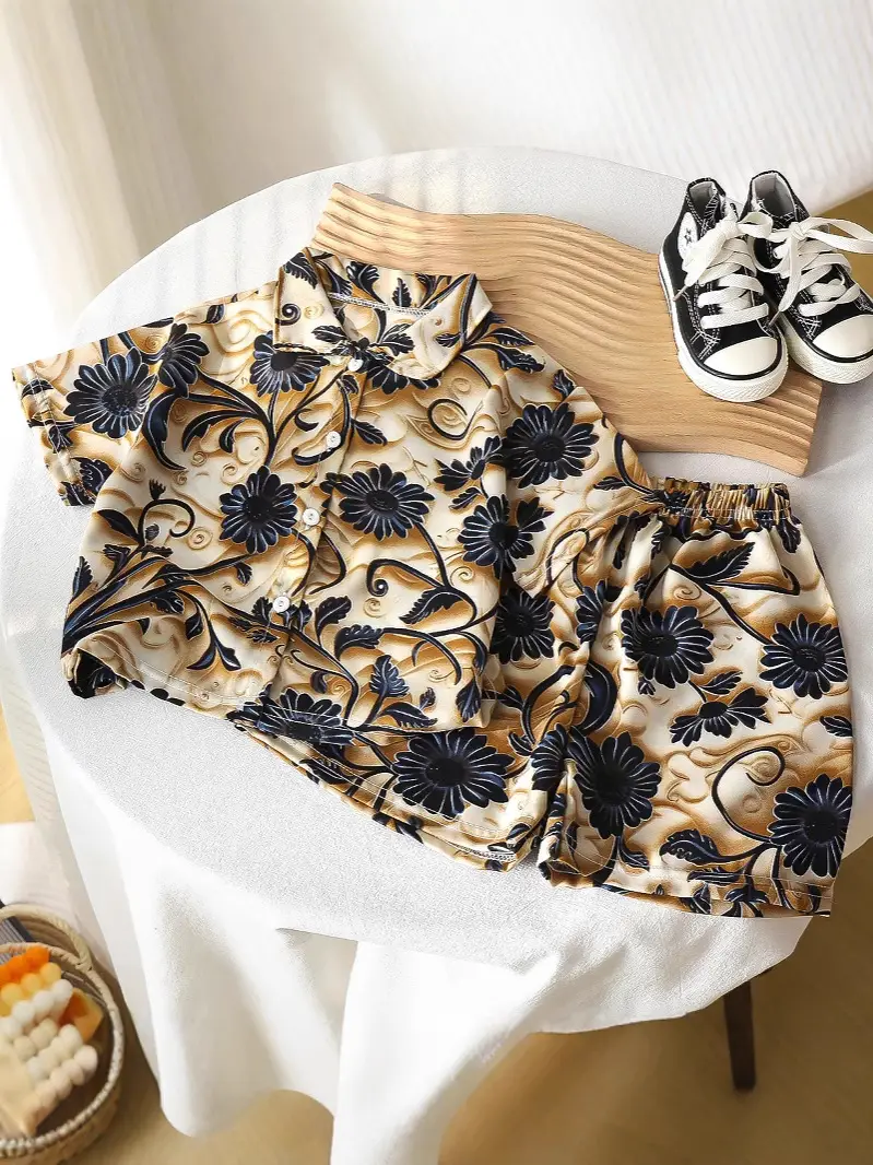 Children's Floral Silk Summer Suit Brown