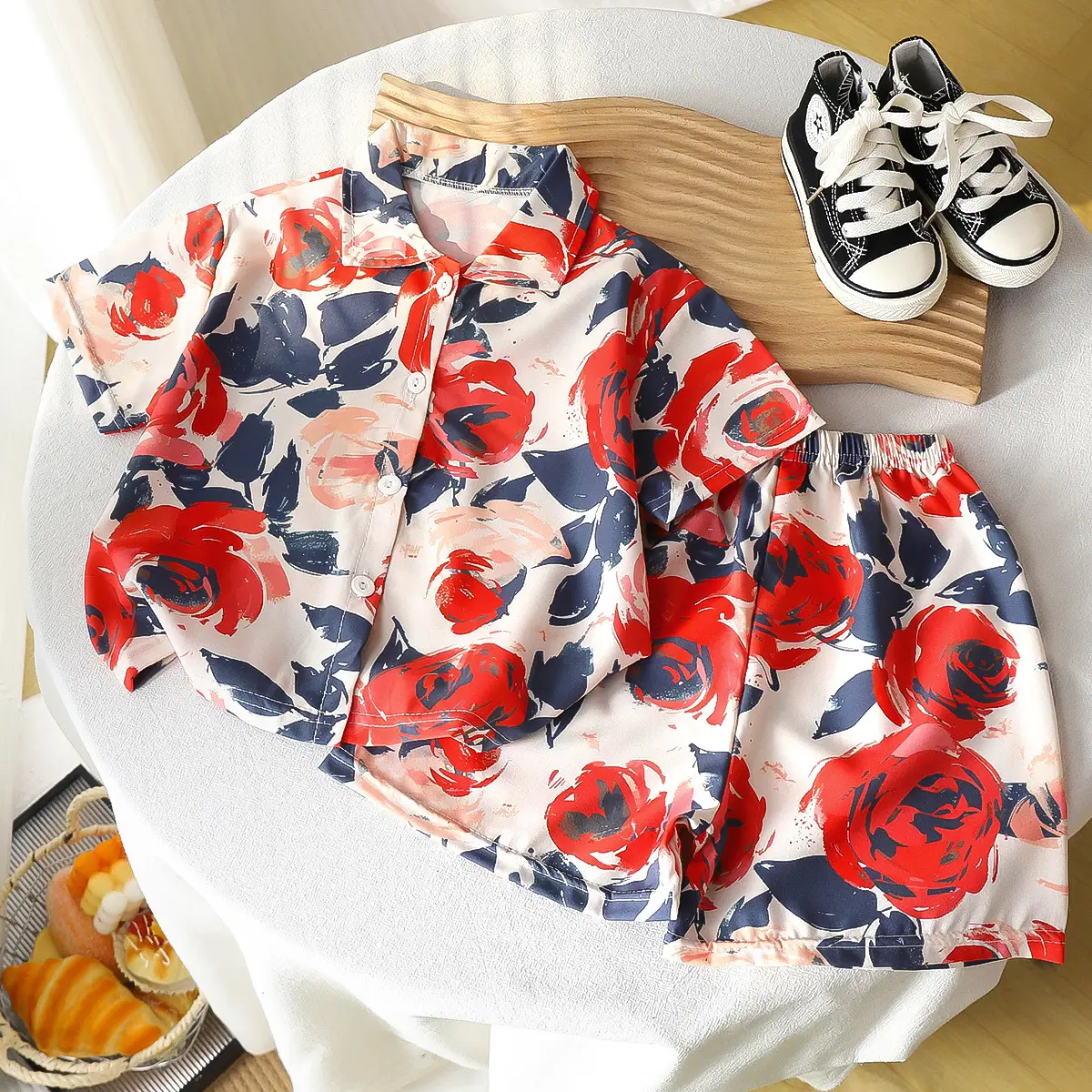 Children's Floral Silk Summer Suit Brown