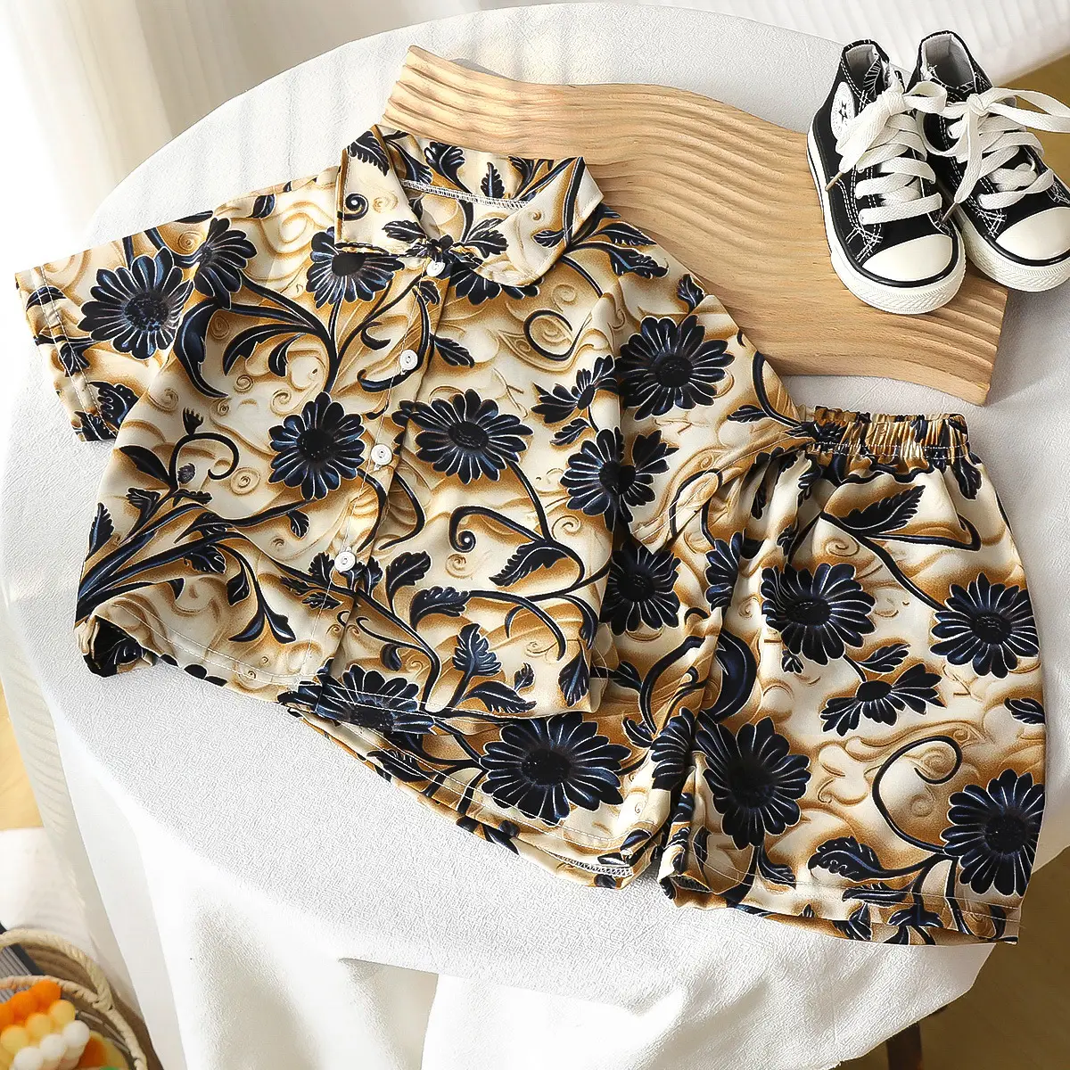 Children's Floral Silk Summer Suit Brown