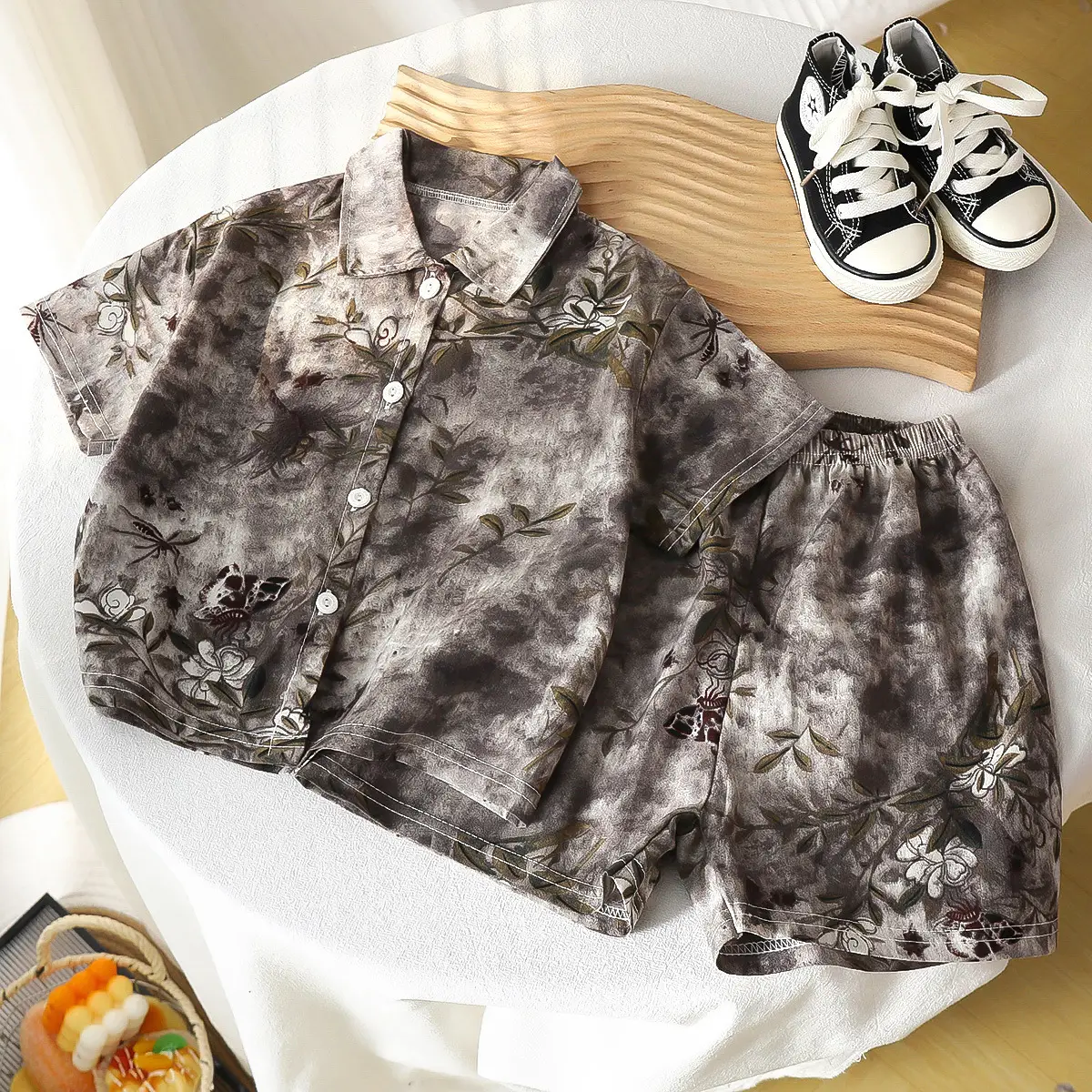 Children's Floral Silk Summer Suit Brown