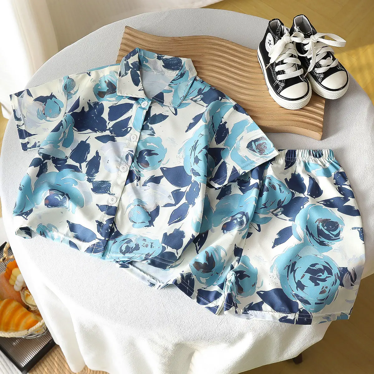 Children's Floral Silk Summer Suit Brown