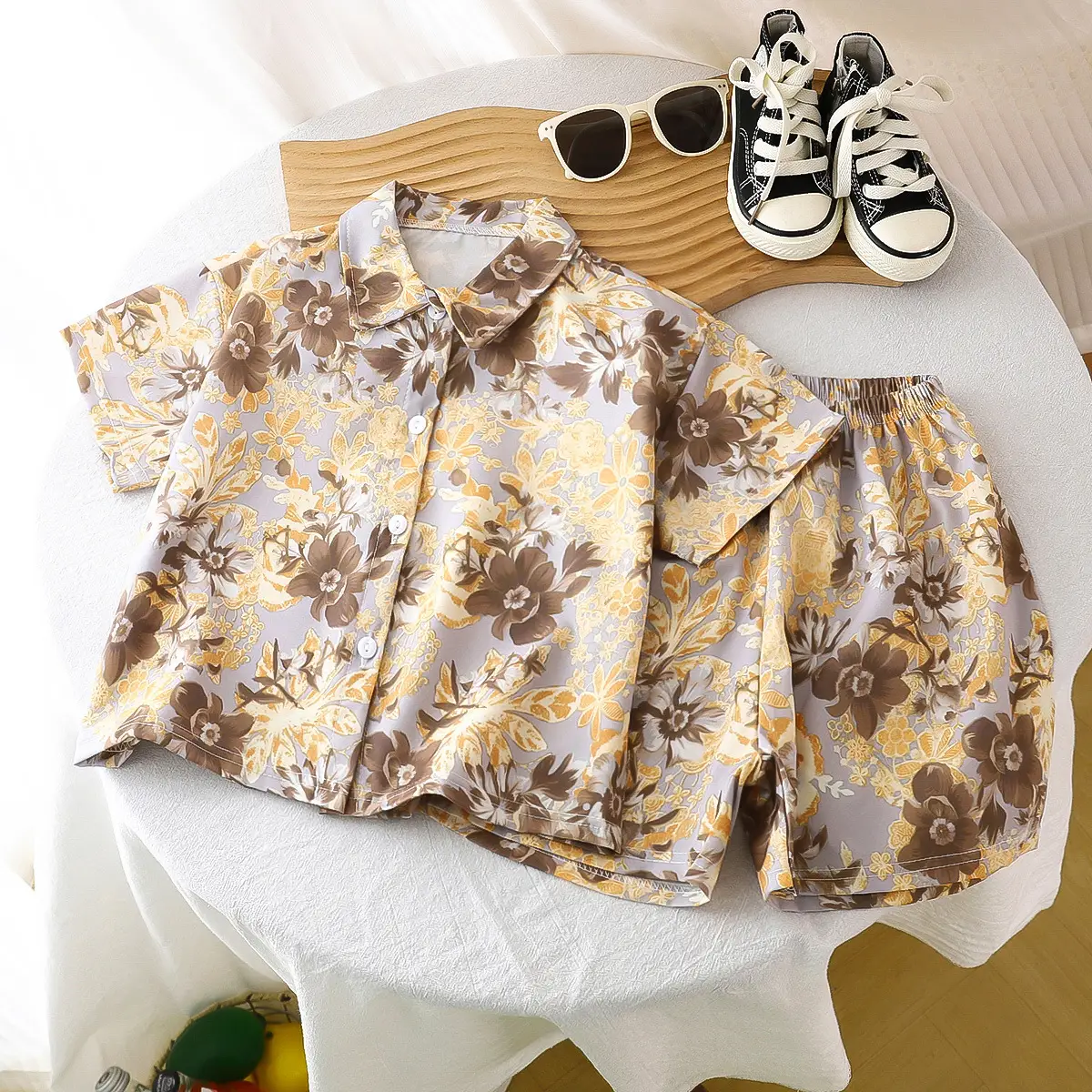 Children's Floral Silk Summer Suit Brown