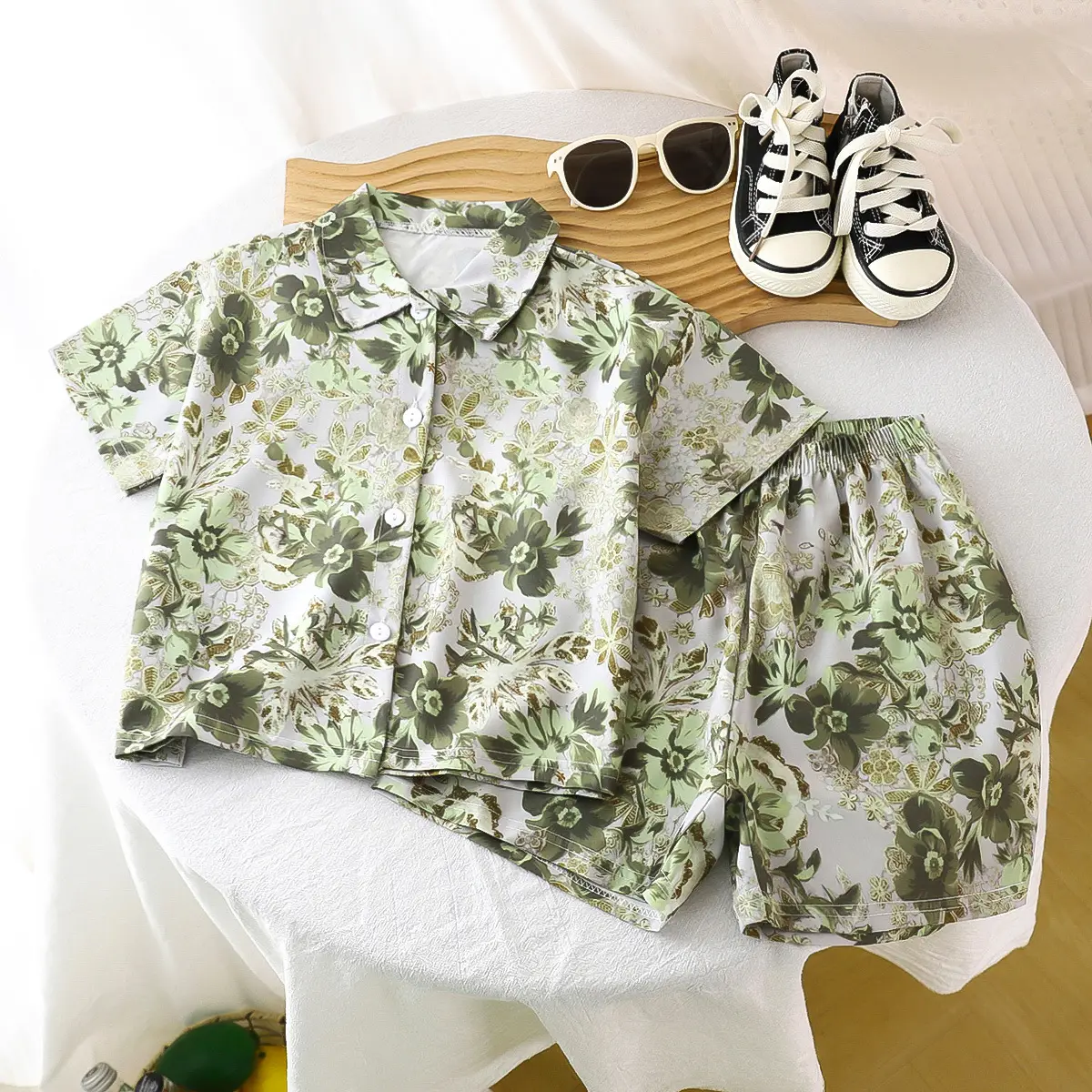 Children's Floral Silk Summer Suit Brown