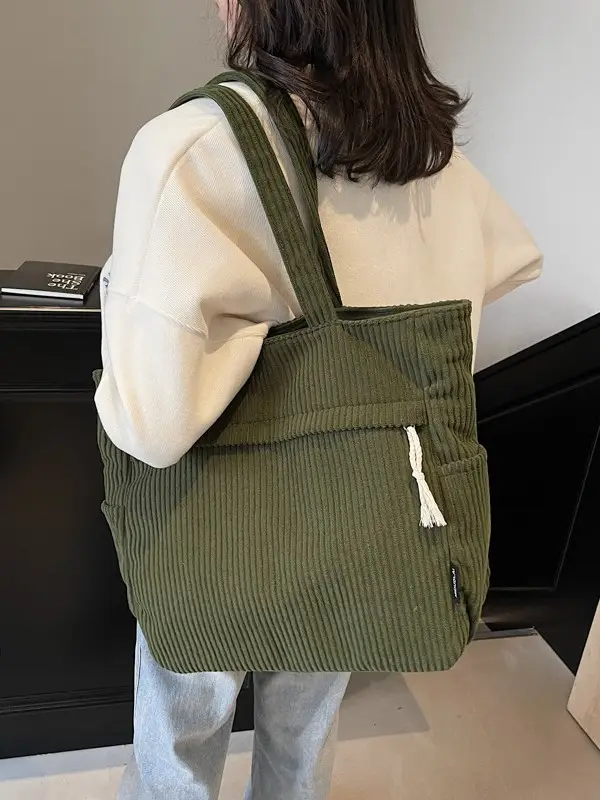 Women's Large Capacity Corduroy Shoulder Bag Olive Green - Image 6