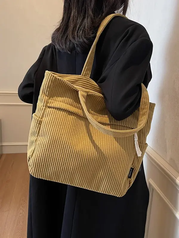 Women's Large Capacity Corduroy Shoulder Bag Olive Green - Image 8