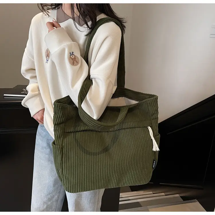 Women's Large Capacity Corduroy Shoulder Bag Olive Green — feature 21