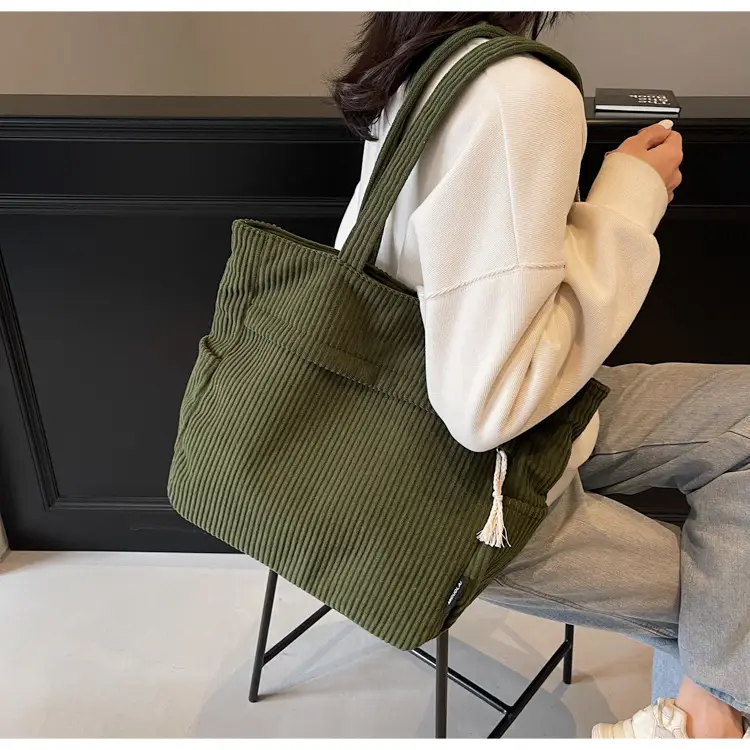 Women's Large Capacity Corduroy Shoulder Bag Olive Green — feature 22