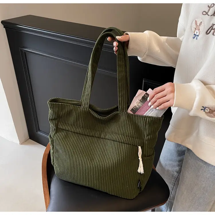 Women's Large Capacity Corduroy Shoulder Bag Olive Green — feature 23