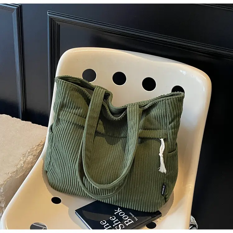Women's Large Capacity Corduroy Shoulder Bag Olive Green — feature 30