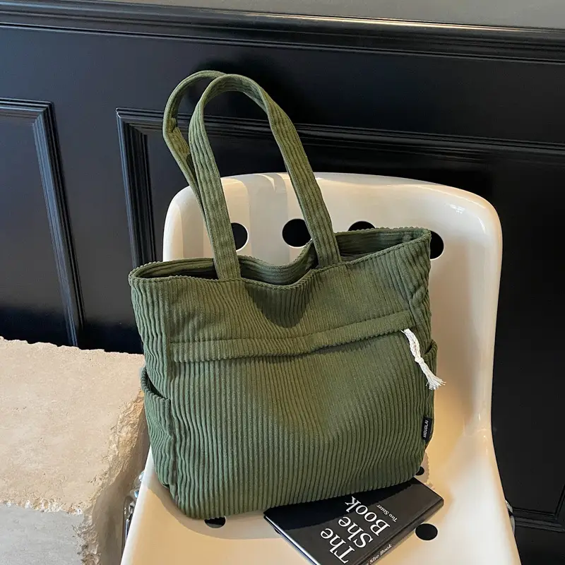 Women's Large Capacity Corduroy Shoulder Bag Olive Green - Image 3