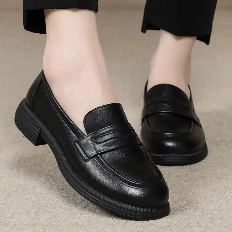 Black Leather Slip-on Loafers for Women, Non-Slip Flat, Soft Bottom — feature 1