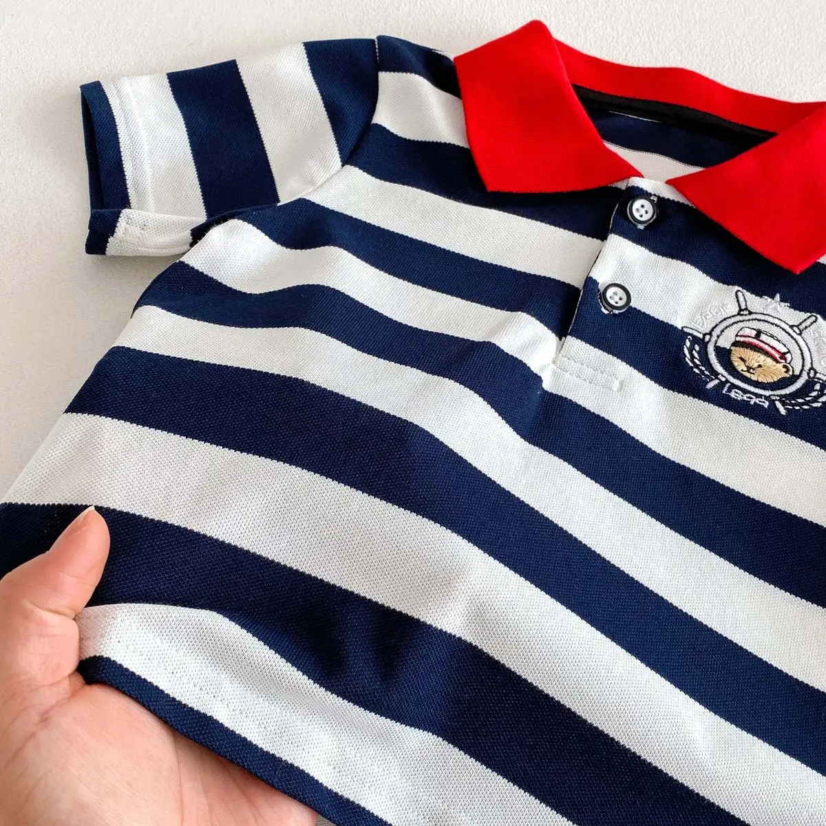 New Boys Striped Polo Top Red Collar Summer