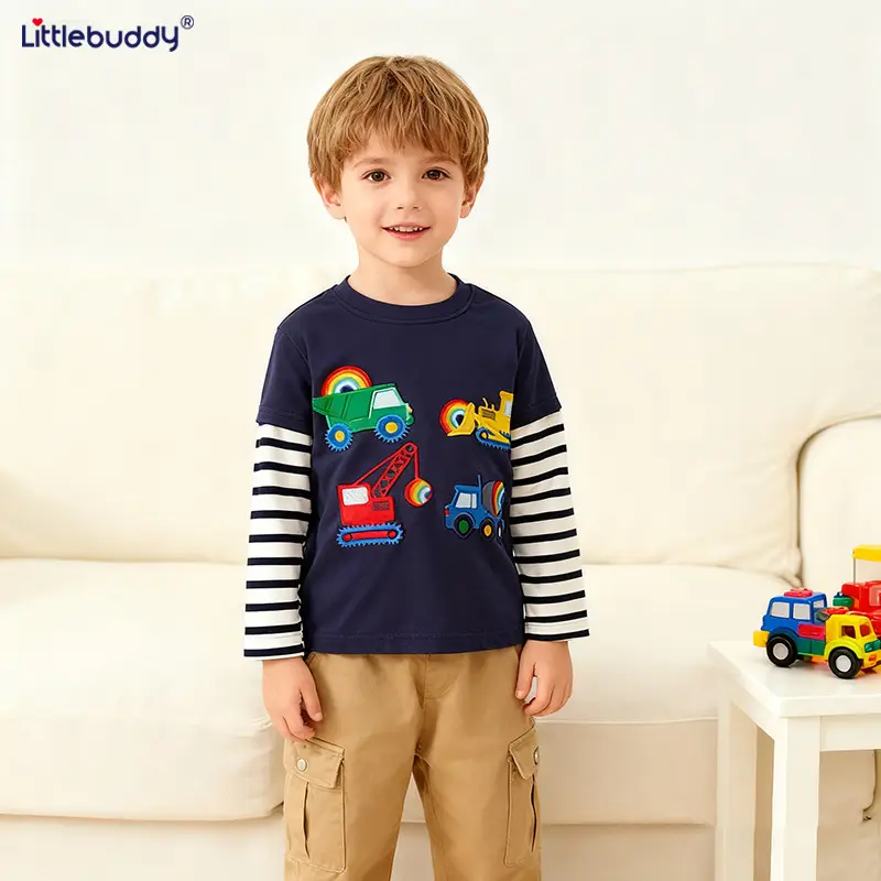 Kids Long Sleeve T-Shirt Navy Blue Truck Print - Image 2