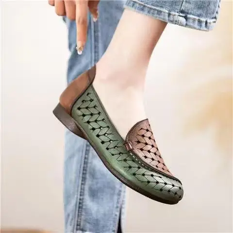 2025 Spring and Summer New Leather Sandals Women's Vintage Hollow Breathable Beef Sole Non-Slip Hole Shoes Flat Moms Shoes — feature 13
