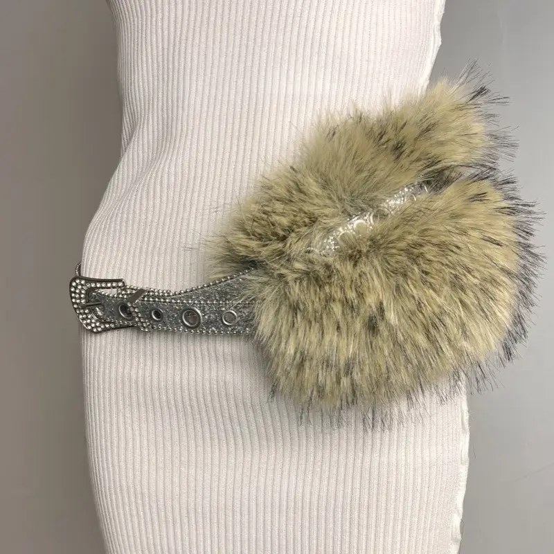 Faux Fur Belt with Rhinestone Buckle for Women - Image 2