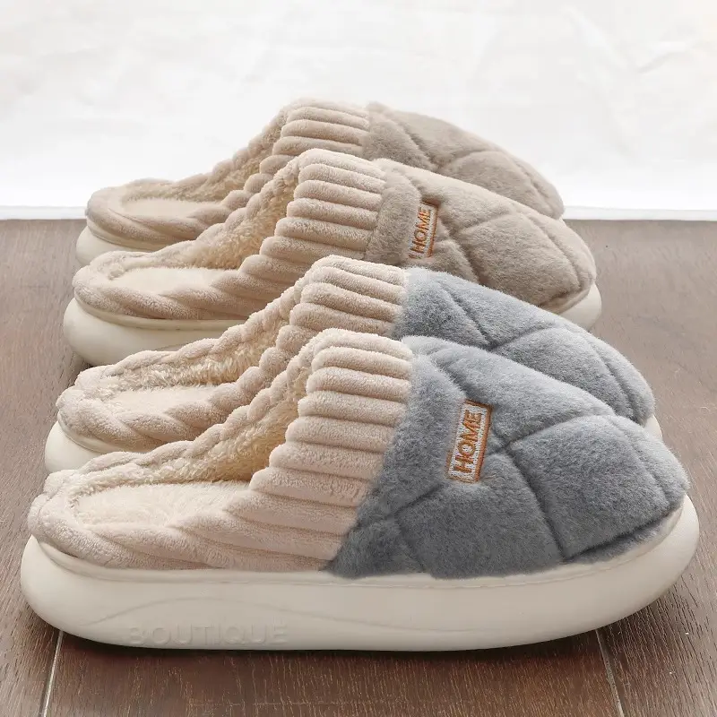 Square Letter Cotton Slippers Cotton Slippers Women's Autumn and Winter Warm Non-slip Home Indoor Furry Men's Simple Slippers - Image 8