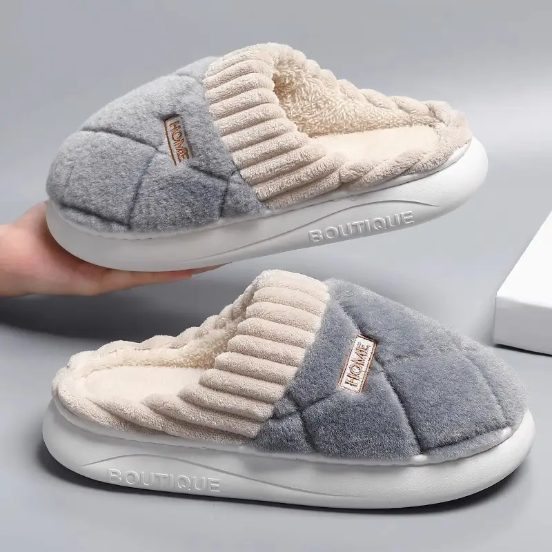Square Letter Cotton Slippers Cotton Slippers Women's Autumn and Winter Warm Non-slip Home Indoor Furry Men's Simple Slippers - Image 9