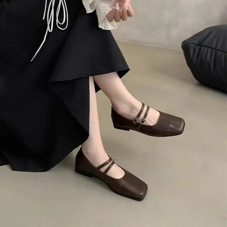 French Style Square Toe Leather Shoes Women's 2025 Spring New All-match Design Sense Niche Flat-bottom Mary Jane Shoes Trendy Ins — feature 8