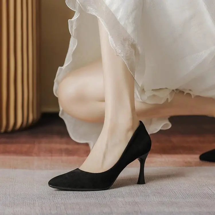 2025 New High Heels Women's Spring Black Stiletto Heel Pointed Shallow Vat Suede Professional plus size Elegant Single Shoes for Women - Image 5